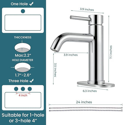 Bathroom Faucets Chrome Bathroom Sink Faucet Modern Single Handle Bathroom Faucet for 1 or 3 Hole Mxier Tap Washbasin Faucet with Deck, Pop-up Drain and Supply Hoses
