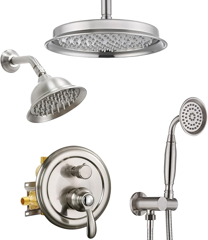 Dual Rain Shower Head System with Handheld Antique Faucet Set | Brushed Nickel Finish, Multi-layer Plating, Vintage Rainfall, 3 Way Diverter Brass Valve with Trim Kit, Easy Install