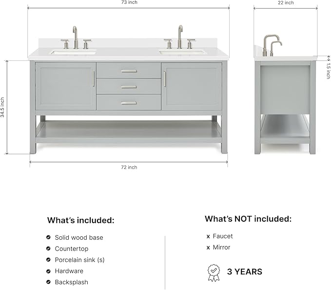 ARIEL Bayhill 72-inch Bathroom Vanity with Sink,Solid Wood, 1.5-inch Pure White Quartz Countertop & Backsplash, Double Rectangular Porcelain Sink, 2 Soft Closing Doors, 3 Dovetail Drawers, Grey