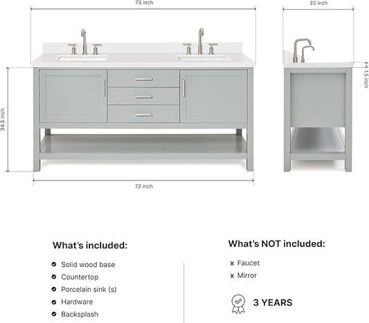 ARIEL Bayhill 72-inch Bathroom Vanity with Sink,Solid Wood, 1.5-inch Pure White Quartz Countertop & Backsplash, Double Rectangular Porcelain Sink, 2 Soft Closing Doors, 3 Dovetail Drawers, Grey