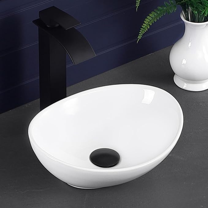 Vessel Sink 14"x11" Oval Bathroom Sink Modern White Porcelain Ceramic Above Counter Vanity Sink for Bathrooms Art Basin
