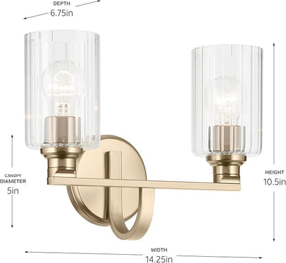 Kichler Gioe 14.25" 2-Light Vanity Light with Clear Fluted Glass in Champagne Bronze, Damp Rated, for Bathroom, Powder Room, Over a Mirror, (14.25" W x 10.5" H), 55225CPZFLU