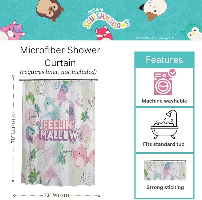 Squishmallows 13-Piece Shower Curtain Set, 72 x 72 Inch Fabric Curtain with Hooks, Bathroom Decor, Machine Washable, (100% Officially Licensed Product) by Franco Collectibles