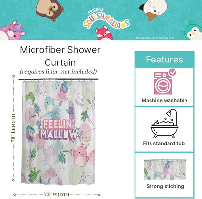 Squishmallows 13-Piece Shower Curtain Set, 72 x 72 Inch Fabric Curtain with Hooks, Bathroom Decor, Machine Washable, (100% Officially Licensed Product) by Franco Collectibles