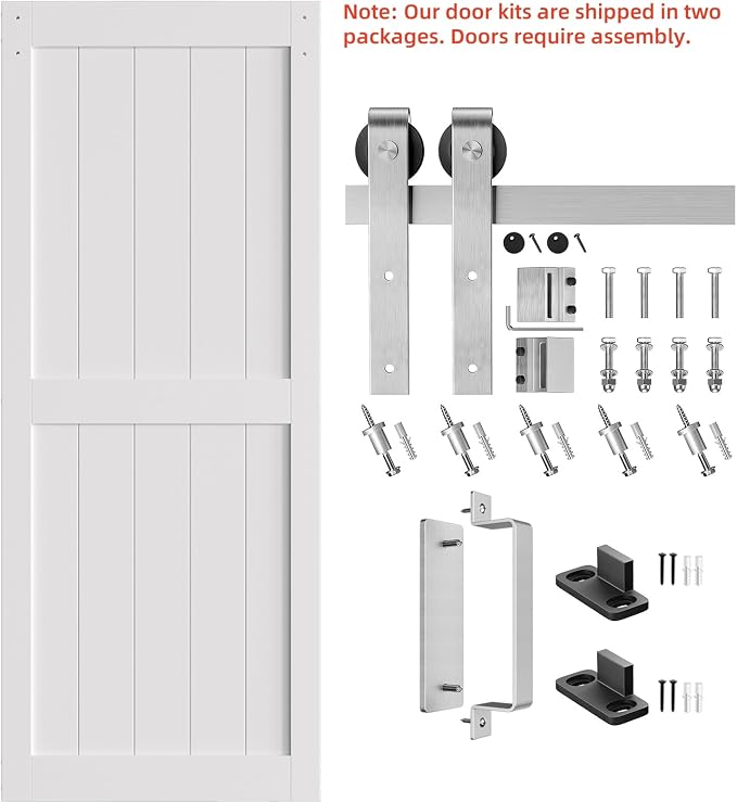 SMARTSTANDARD 36" x 96" White Sliding Barn Door with 6.6FT Silver Hardware | Pre-Drilled Ready to Assemble, Waterproof PVC Coating, H-Frame