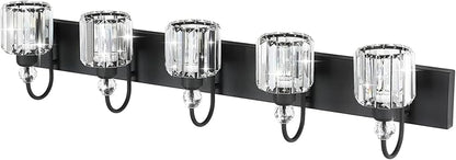 Ralbay Modern Crystal Black 5-Light Bathroom Vanity Light, Matte Black Crystal Bath Wall Light Fixtures
