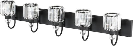 Ralbay Modern Crystal Black 5-Light Bathroom Vanity Light, Matte Black Crystal Bath Wall Light Fixtures