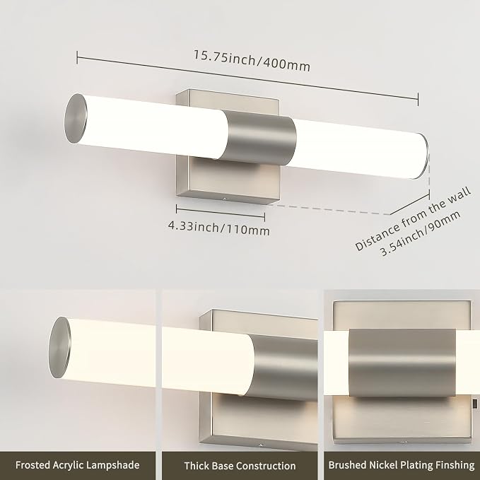 Brushed Nickel Vanity Light for Bathroom Lights Fixtures Over Mirror 5CCT Dimmable Vanity Light Bar 15.74-Inch 12W Bathroom Lighting Fixtures for Mirror