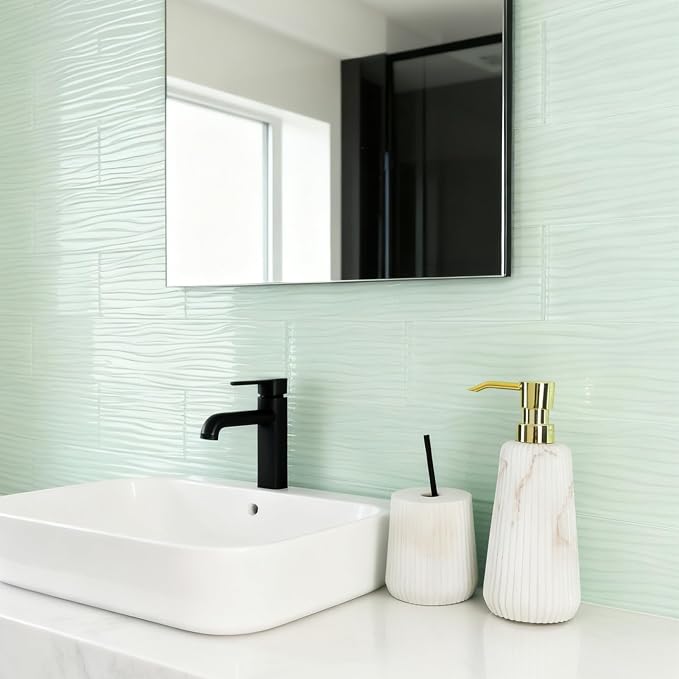 Peel and Stick Glass Subway Tile 3x12 Inch Light Green Glass Tiles for Kitchen Backsplash Shower Bathroom Wall(20 Pcs)
