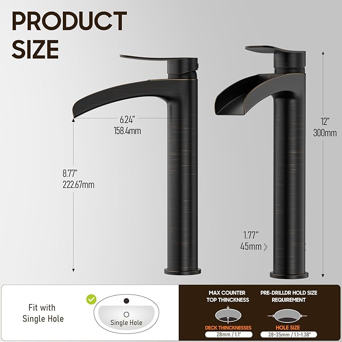 Phiestina Tall Bathroom Vessel Sink Faucet, Single Hole Single Handle Waterfall Oil Rubbed Bronze Above Countertop Sink Bathroom Faucet, with Metal Pop Up Drain and Water Supply Lines, NS-SF01-ORB-V