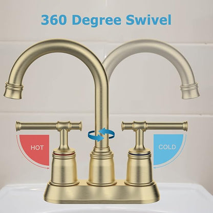 Classical Bathroom Faucets for Sink 2&3 Holes, 4 inch Bathroom Faucet, 360 Swivel Spout Centerset Brushed Gold Bathroom Faucet with Pop Up Drain and cUPC Lead-Free Hose (Brushed Gold)