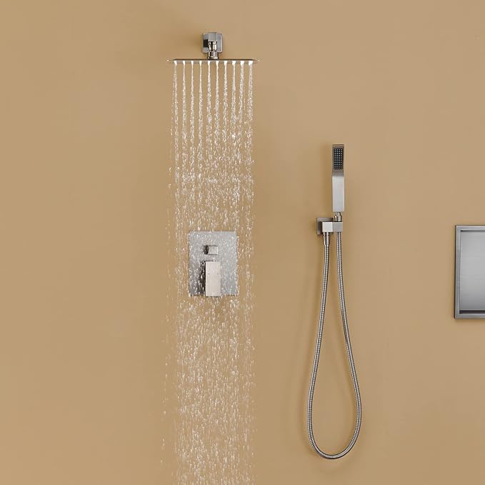 Shower System 10 Inches Rain Shower Combo Set Brushed Nickel Wall Mount Faucet Bathroom Faucets with Rainfall Shower Head and Hand Shower