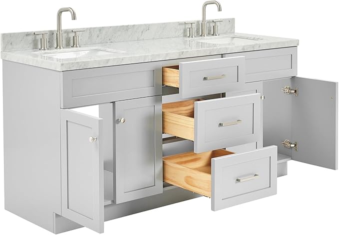DKB Bradford 72 Inch Bathroom Vanity Double Sink — Grey Bathroom Vanity with Sink, 1.5" Edge Italian Carrara Marble Countertop & Backsplash, 4 Soft-Close Doors, and 3 Dovetail Drawers