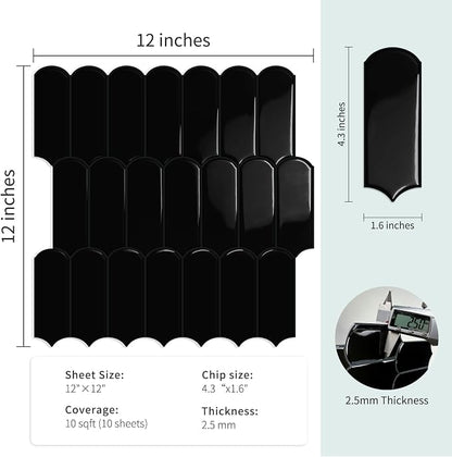 10-Sheet Upgraded Thicker Peel and Stick Kitchen Backsplash Tiles | Waterproof Self-Adhesive Vinyl Wall Tile Stick on Backsplash for Kitchen,Bathroom,Fireplace and RV(Black,12"×12")