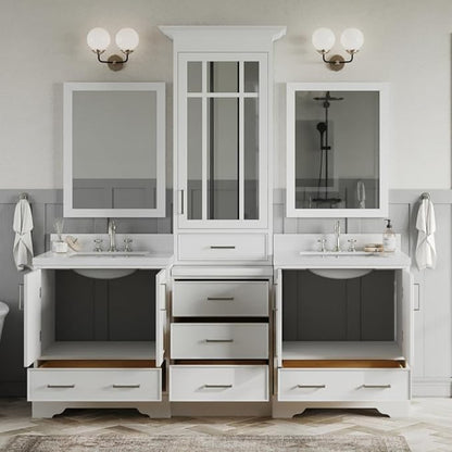 ARIEL Stafford 84-inch Bathroom Vanity with Sink,Solid Wood, 1.5-inch Pure White Quartz Countertop & Backsplash, Double Rectangular Porcelain Sink, 5 Soft Closing Doors, 6 Dovetail Drawers, White