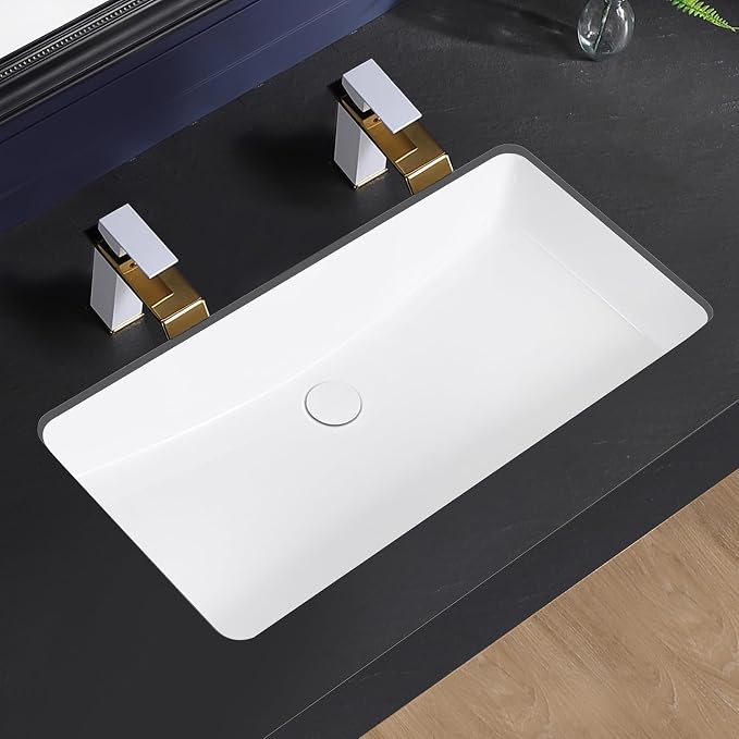 Undermount Bathroom Sink 32x17 Inch Small Bathroom Sink White Porcelain Ceramic Bathroom Under Counter Lavatory Vanity Sink Basin Rectangular Undermount Sinks with Overflow