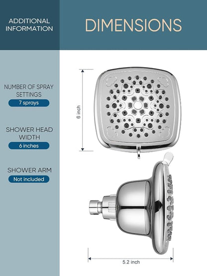 Cobbe Filtered Shower Head, 7 Modes High Pressure Shower Heads Chrome | Shower Head with Filters for Hard Water for Remove Chlorine and Harmful Substances (Luxury Polished Chrome, 6 Inch Square)