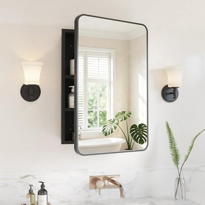 Medicine Cabinet Mirror 17x25 Inch, Black Bathroom Mirror Cabinet with Stepless Adjustable Shelves, Rounded Rectangle Metal Framed, Bathroom Mirror with Storage Recessed or Wall Mount