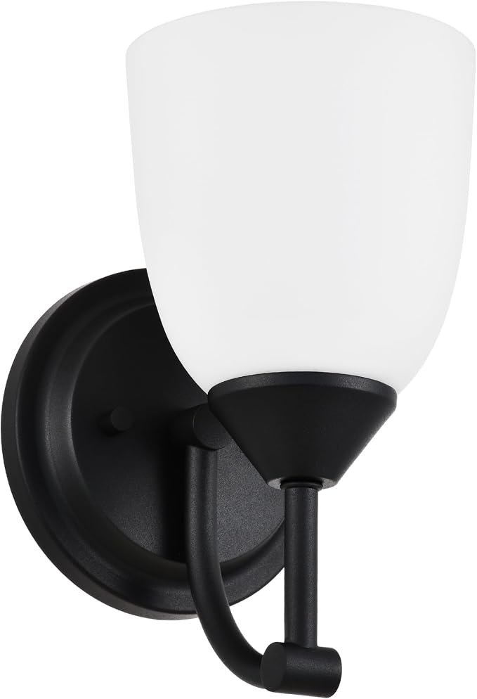 Traditional 1-Light Indoor Black Wall Sconce with Frosted Glass Bathroom Bedroom Hallway, 9.6" H x 5.5" W, Textured Black