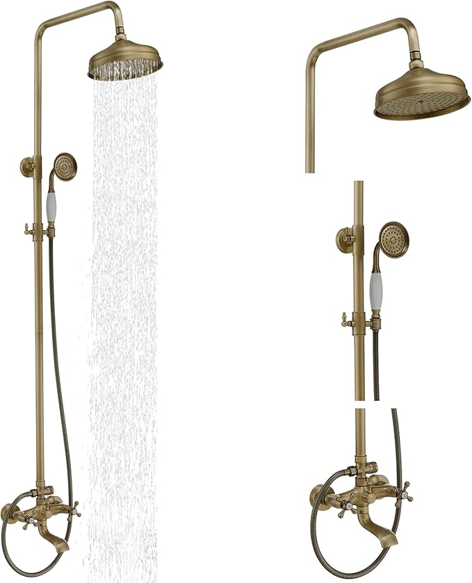 BWE Exposed Bathroom Shower Faucet Set Antique Brass Bathroom Shower Faucet Triple Functions 8 Inch Rainfall Shower Head Handheld Spray with Tub Spout Exposed Shower System Double Handle