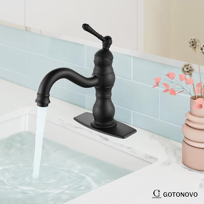gotonovo Bathroom Faucet 1 Hole Vintage,Matte Black,7.1” Spout Reach | Bathroom Sink Faucet for 1 or 3 Hole Single Handle,Deck Plate,360° Swivel Spout,Pop Up Drain,cUPC Supply Hoses,for Vanity RV