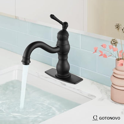 gotonovo Bathroom Faucet 1 Hole Vintage,Matte Black,7.1” Spout Reach | Bathroom Sink Faucet for 1 or 3 Hole Single Handle,Deck Plate,360° Swivel Spout,Pop Up Drain,cUPC Supply Hoses,for Vanity RV