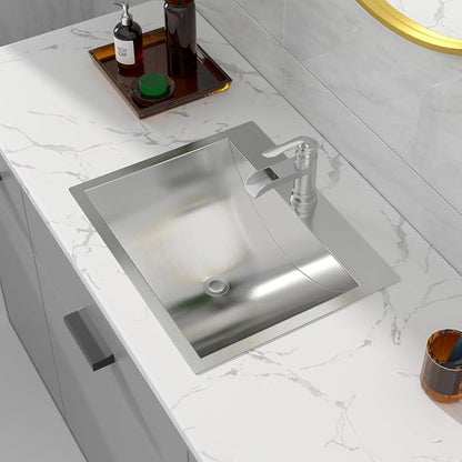 Sarlai Stainless Steel Bathroom Sink Drop in - 21"x17" Bathroom Vanity Sink Stainless Steel Rectangle Topmount Bathroom Lavatory Restroom Sinks Basin with Pop Up Drain