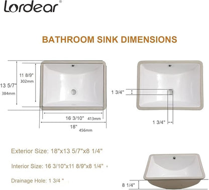 Lordear Undermount Bathroom Sink 18x14 Inch White Rectangle Porcelain Ceramic Vessel Sinks Deep Basin with Overflow Lavatory Vanity Sink Mounted Under the Counter