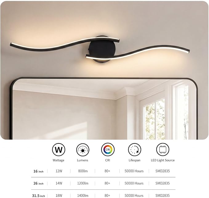 16 Inch LED Bathroom Vanity Light, Black, 5CCT | 16 Inch black LED bathroom vanity light with 5CCT, 20%-100% dimming, hardwired horizontal/vertical mount