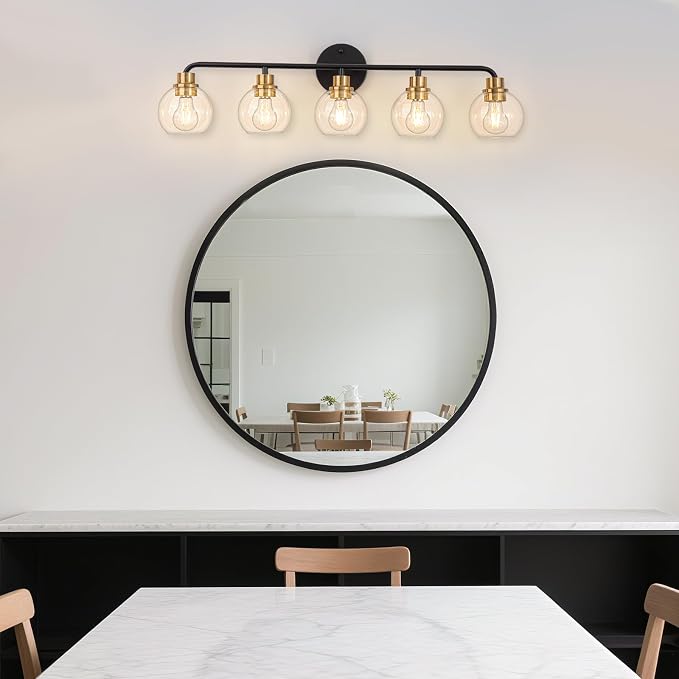 5 Light Bathroom Vanity Light, Black and Gold Bathroom Light Fixtures | with Clear Glass Shade Modern Wall Sconces Lighting Bath Wall Lights Lamp for Mirror Kitchen Living Room Bedroom Hallway