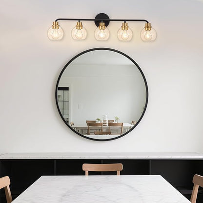 5 Light Bathroom Vanity Light, Black and Gold Bathroom Light Fixtures | with Clear Glass Shade Modern Wall Sconces Lighting Bath Wall Lights Lamp for Mirror Kitchen Living Room Bedroom Hallway