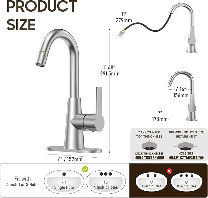 Tall Bathroom Faucets with Pull Down Sprayer, Brushed Nickel High Arc Single Handle Pull Out Faucet, 1 or 3 Hole Utility Sink Laundry Bar Faucet Pull Out with Deck Plate WE10CL-ZY-BN