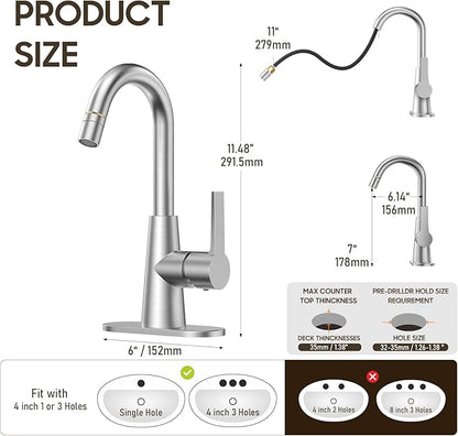 Tall Bathroom Faucets with Pull Down Sprayer, Brushed Nickel High Arc Single Handle Pull Out Faucet, 1 or 3 Hole Utility Sink Laundry Bar Faucet Pull Out with Deck Plate WE10CL-ZY-BN