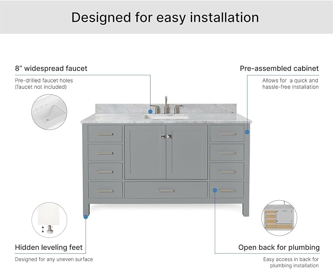 ARIEL Cambridge 60-inch Bathroom Vanity with Sink,Solid Wood, 0.75-inch Italian Carrara Marble Countertop, Single Rectangular Porcelain Sink, 2 Soft Closing Doors, 9 Dovetail Drawers, Grey