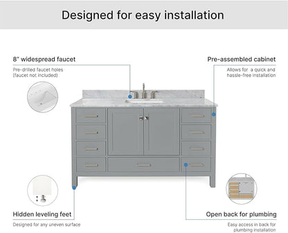 ARIEL Cambridge 60-inch Bathroom Vanity with Sink,Solid Wood, 0.75-inch Italian Carrara Marble Countertop, Single Rectangular Porcelain Sink, 2 Soft Closing Doors, 9 Dovetail Drawers, Grey