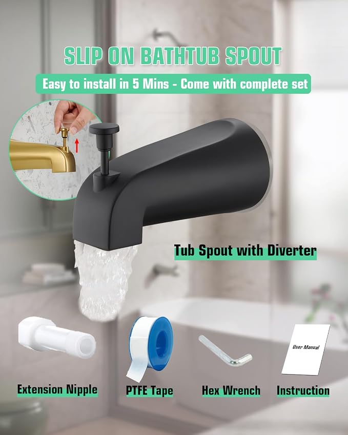 Tub Spout with Diverter, Slip On Bathtub Spout Fits 1/2'' Copper Tube(5/8'' Dia), Bathroom Tub Faucet with PTFE Tape & Hex Wrench, Matte Black