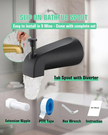 Tub Spout with Diverter, Slip On Bathtub Spout Fits 1/2'' Copper Tube(5/8'' Dia), Bathroom Tub Faucet with PTFE Tape & Hex Wrench, Matte Black