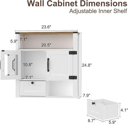 Bathroom Wall Cabinet, Farmhouse Medicine Cabinet with Mirror, Drawer, Barn Doors, Over The Toilet Storage Cabinets Wall Mounted for Bathroom Kitchen Laundry Entrance, Rustic