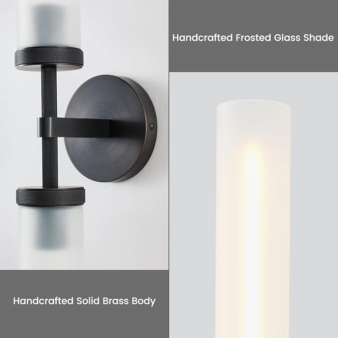 30" 2 Lights Hardwired Frosted Glass 2 PC Bathroom Wall Sconces, Handmade Knurled Black Wall Light Fixture,Modern Vanity Light for Living Room,Hallway, Bedroom, Indoor Sconces
