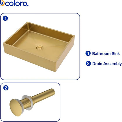 Dcolora 19 In. Gold Drop In Bathroom Vessel Sink, 16 Gauge Stainless Steel, Rectangle Design with Drain Assembly, 15"D x 19"W x 4"H #DC-VS261204