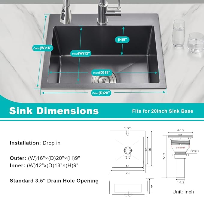 20 x 16 Inch Drop in Kitchen Sink 18 Gauge Stainless Steel | Single Bowl Topmount Bar Sink, Black Finish, Compact Basin for Small Kitchen, RV and Prep Area