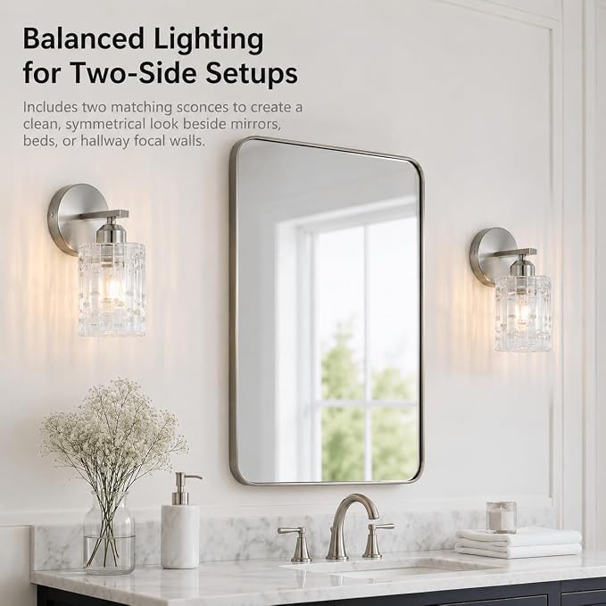 2-Pack Nickel Crystal Bathroom Vanity Lights, 1-Light Wall Sconce Fixture for Over Mirror, Modern Wall Mount for Bathroom, Bedroom, Hallway