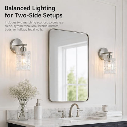 2-Pack Nickel Crystal Bathroom Vanity Lights, 1-Light Wall Sconce Fixture for Over Mirror, Modern Wall Mount for Bathroom, Bedroom, Hallway