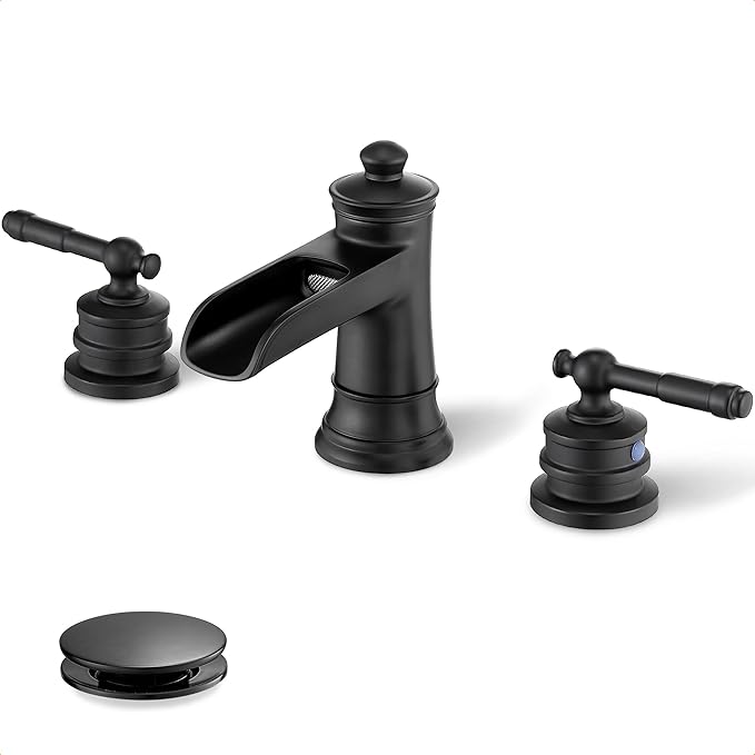 Black Waterfall Bathroom Faucet Widespread, Brass Bathroom Faucets for Sink 3 Hole, 4-16 Inch Faucet Bathroom Vanity Faucet with 2 Handles Supply Hoses & Pop-Up Drain for Modern Farmhouse
