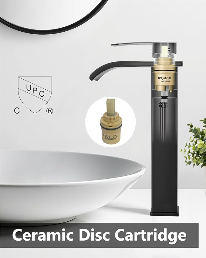 Vessel Sink Faucet Waterfall Tall Bathroom Faucet Single Handle,Single Hole Lavatory Vanity Mixer Tap with Pop Up Drain and Supply Lines,Matte Black