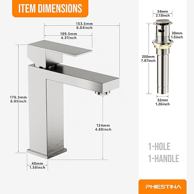 Phiestina Single Hole Brushed Nickel Square Single Handle Bathroom Vanity Faucet with Metal pop up Drain with Deck Plate, Overflow & Water Supply line, BF3530-BN