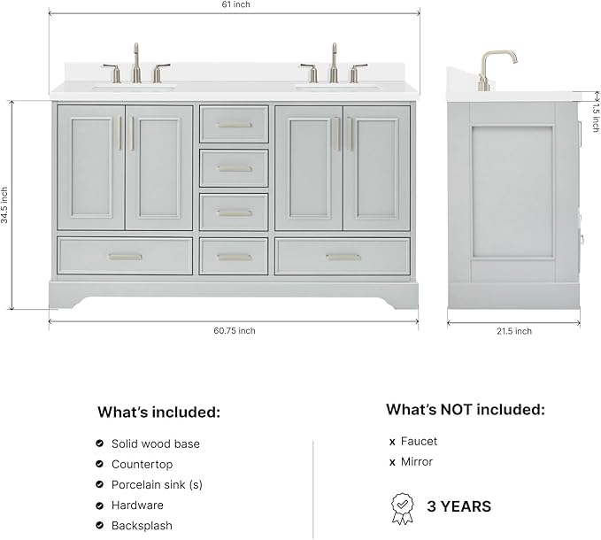 ARIEL Stafford 60-inch Bathroom Vanity with Sink,Solid Wood, 1.5-inch Pure White Quartz Countertop & Backsplash, Double Rectangular Porcelain Sink, 4 Soft Closing Doors, 6 Dovetail Drawers, Grey