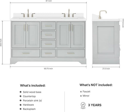 ARIEL Stafford 60-inch Bathroom Vanity with Sink,Solid Wood, 1.5-inch Pure White Quartz Countertop & Backsplash, Double Rectangular Porcelain Sink, 4 Soft Closing Doors, 6 Dovetail Drawers, Grey