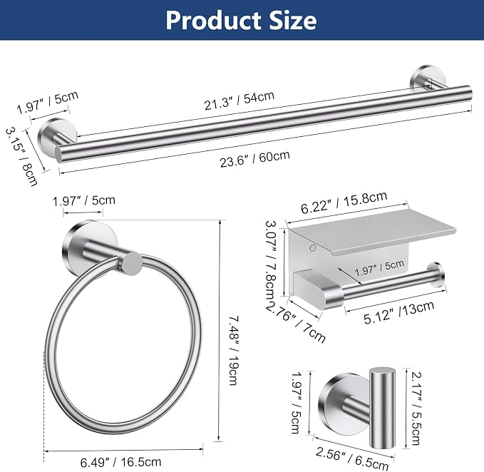 TQKAG 5 Piece Towel Bar Set, 23.6 Inch Brushed Nickel Bathroom Accessories | SUS304 Stainless Steel, Brushed Nickel Toilet Paper Holder with Shelf, Towel Racks for Bathroom Wall Mounted, Towel Bars