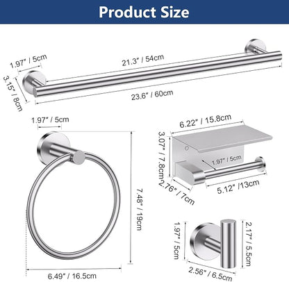 TQKAG 5 Piece Towel Bar Set, 23.6 Inch Brushed Nickel Bathroom Accessories | SUS304 Stainless Steel, Brushed Nickel Toilet Paper Holder with Shelf, Towel Racks for Bathroom Wall Mounted, Towel Bars
